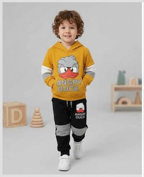 Boys Full Sleeve Hooded Tracksuit – Mustard & Black Cotton Blend Hoodie and Jogger Set